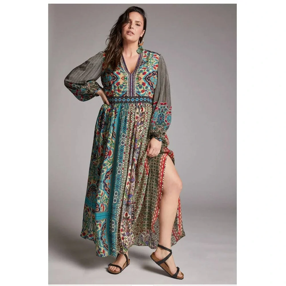 New Anthropologie Bhanuni by Jyoti Boho Floral Maxi Dress $228 PLUS 20W Blue